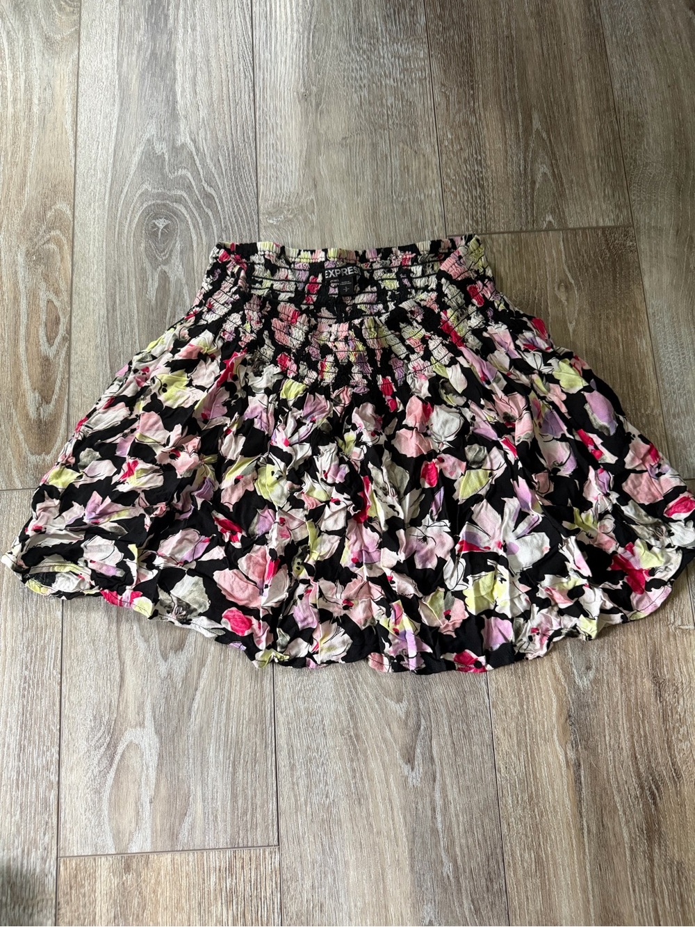 Express Black Floral Smocked Skater Skirt with Pink & Cream Accents
